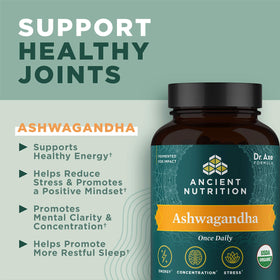 Comprimés Ashwagandha Ancien Nutrition sur une table