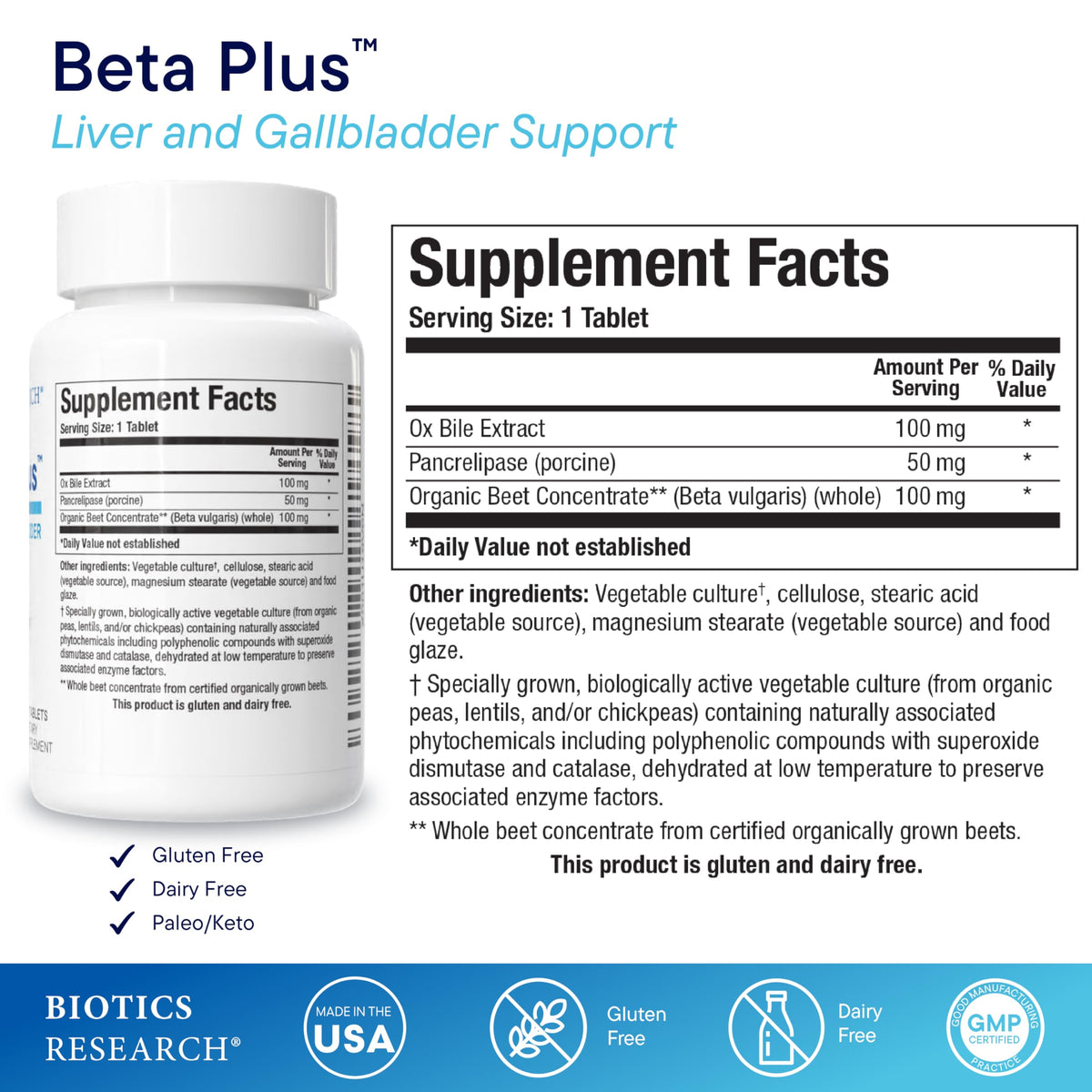 Comprimés Beta-Plus™ de BIOTICS RESEARCH sur une surface blanche