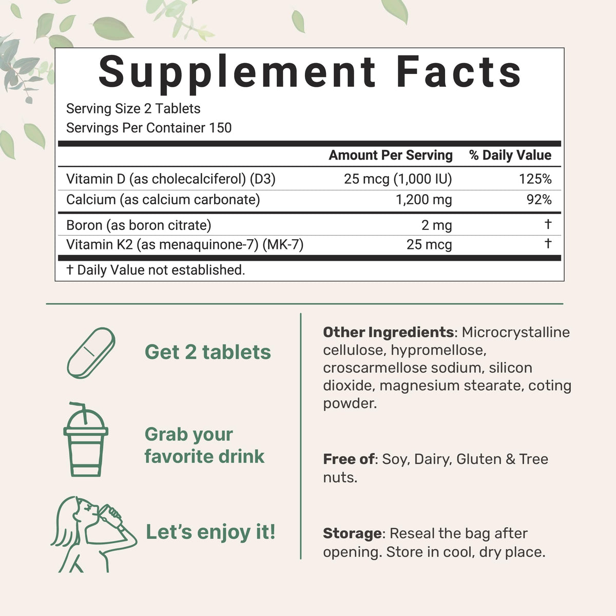 Comprimés bisectés de Calcium 1 200 mg avec Vitamine D3 et K2