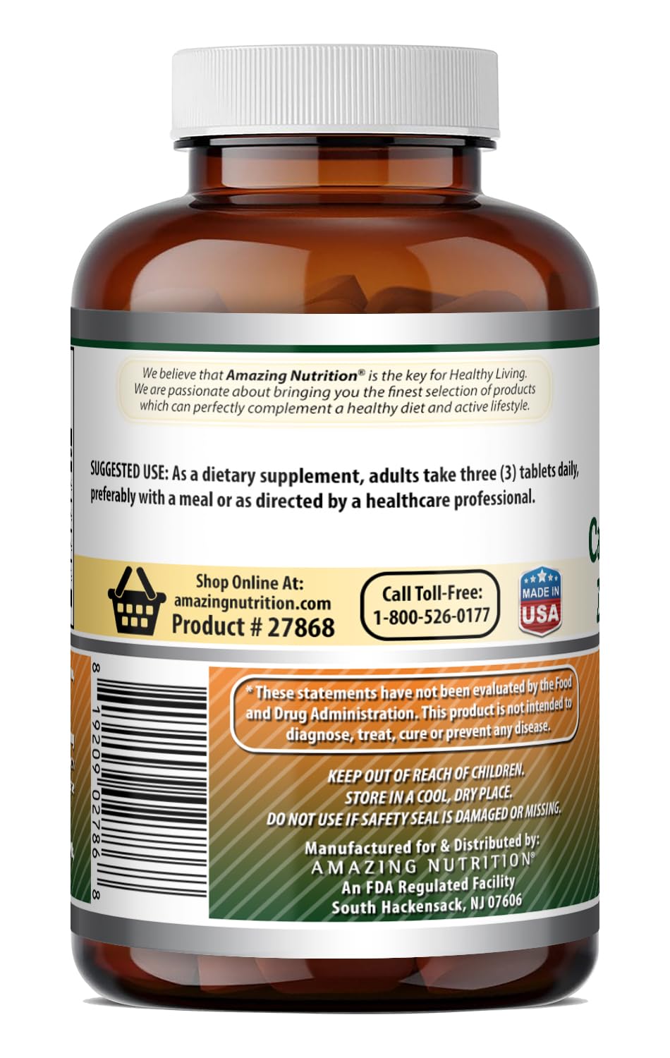 Comprimés Calcium Magnésium Zinc D3 Amazing Nutrition, trois comprimés sur une surface
