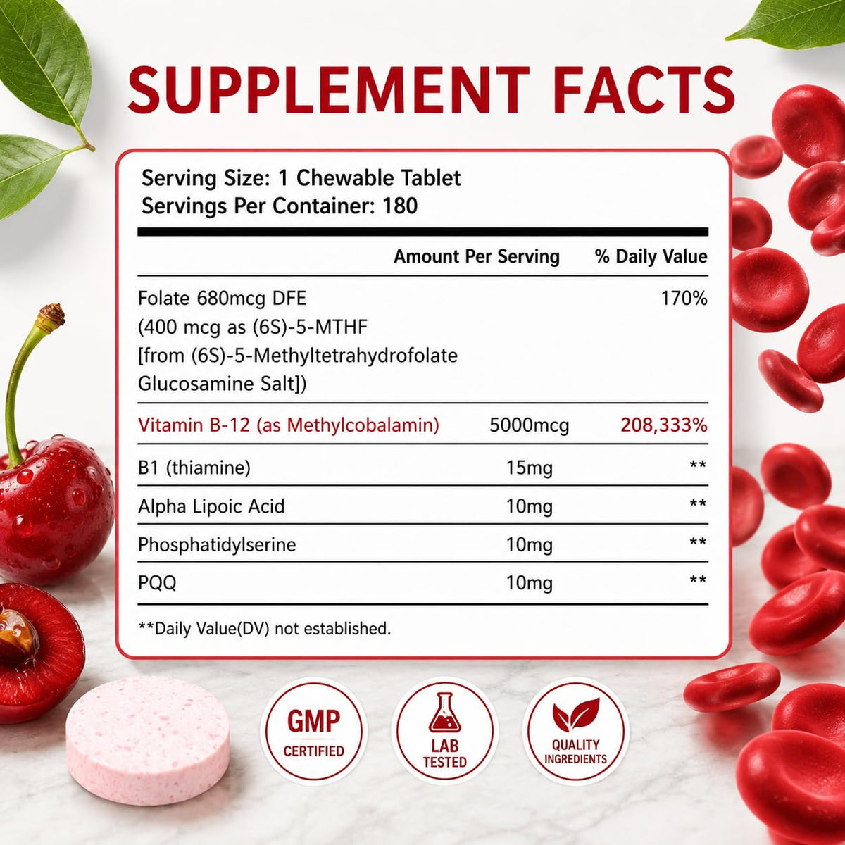 Comprimés cerise LIIFE Methylcobalamin B12 sur fond blanc