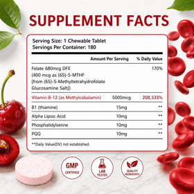 Comprimés cerise LIIFE Methylcobalamin B12 sur fond blanc