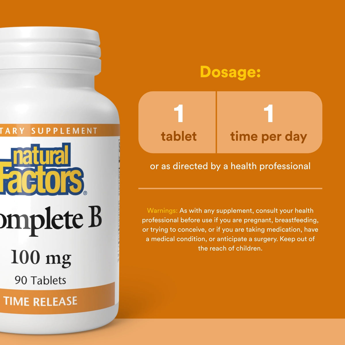 Comprimés Complète B 100 mg Natural Factors sur une table