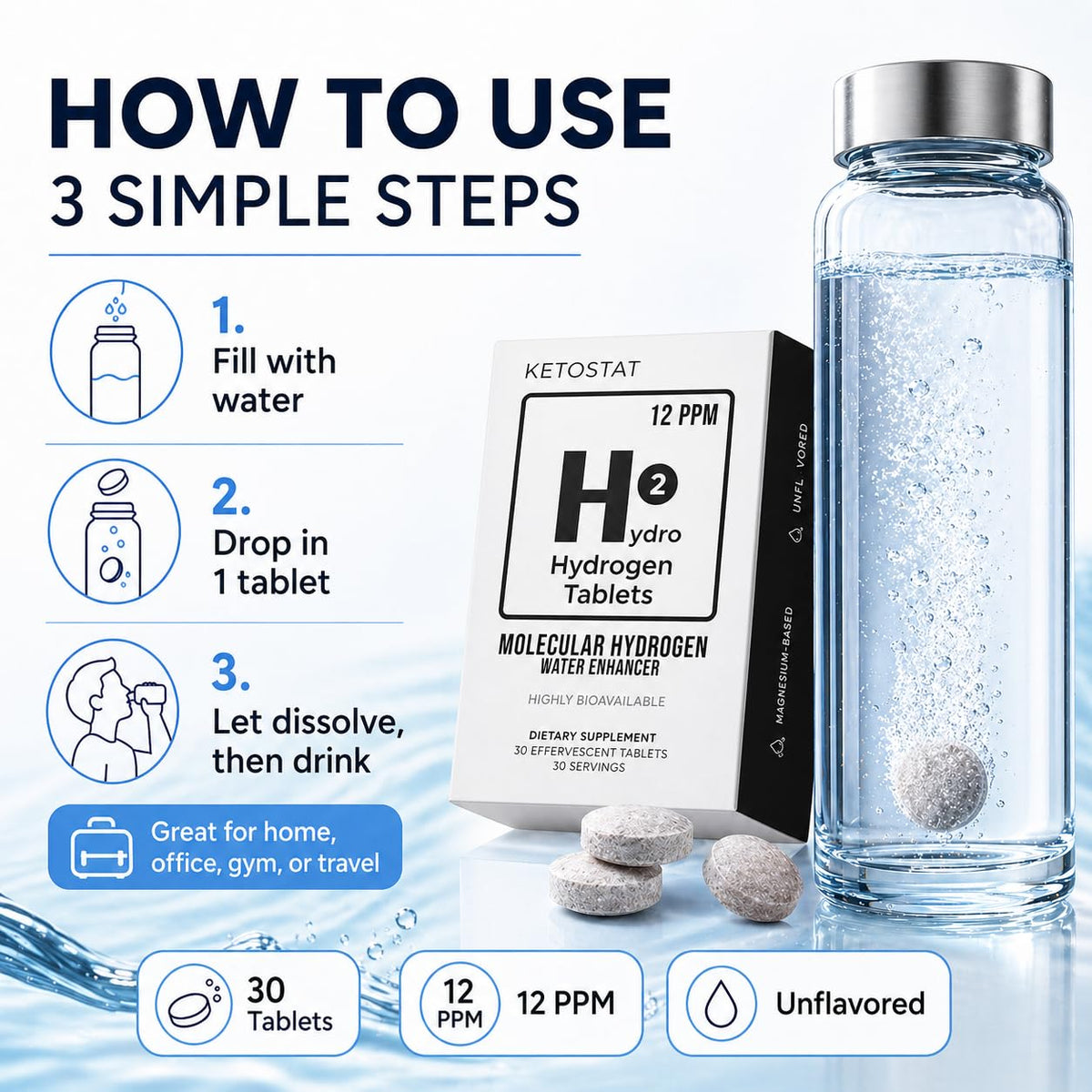 Comprimés d'eau hydrogénée HYDRO sur un fond de cuisine