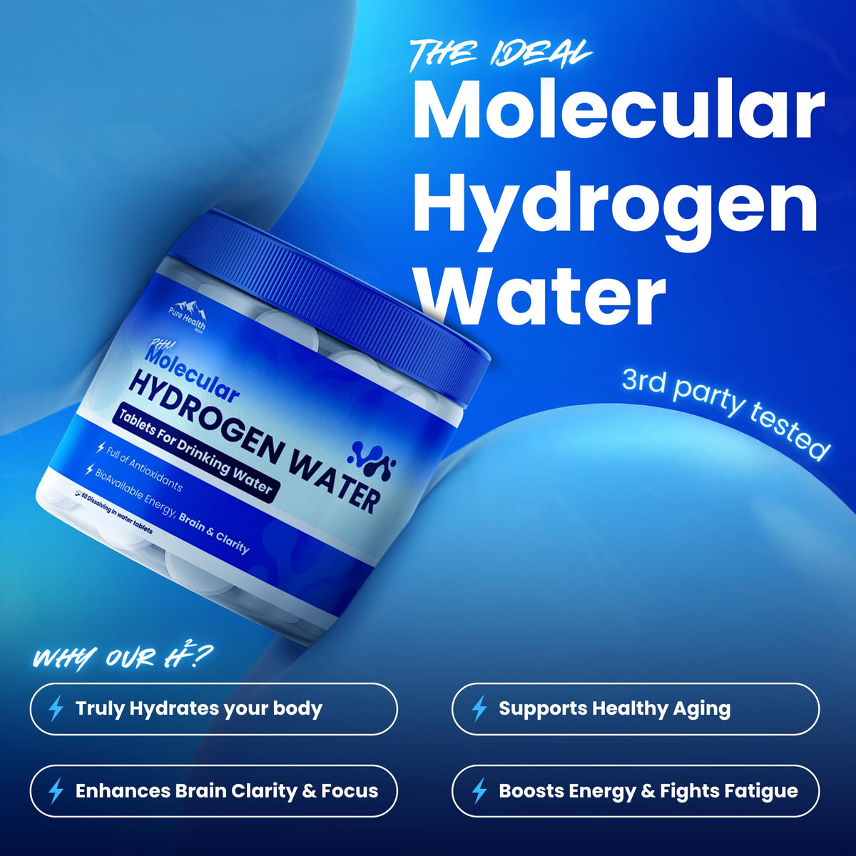 Comprimés d'eau hydrogénée PURE HEALTH MAX en dissolution dans l'eau