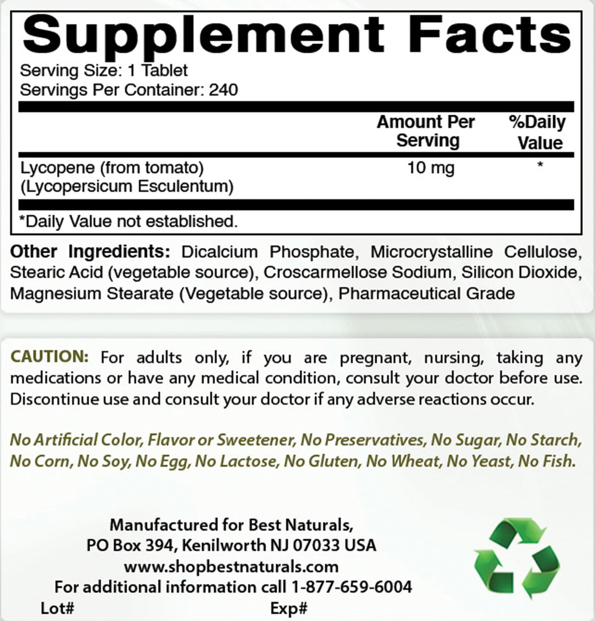 Comprimés d'extrait de tomate lycopène 10 mg Best Naturals, vue de côté