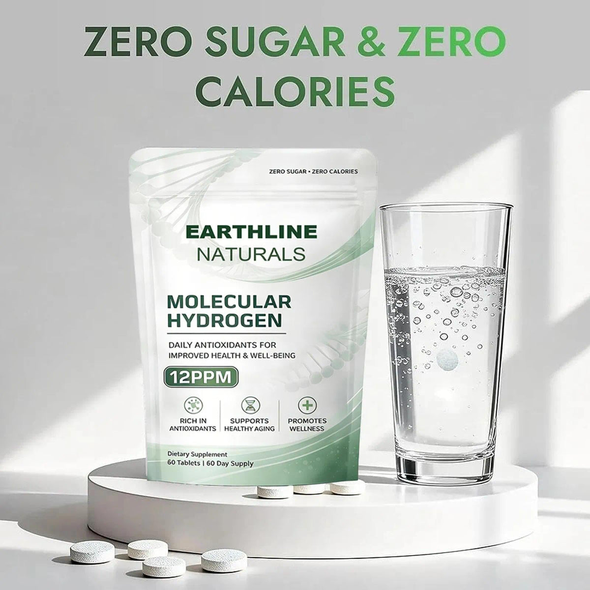 Comprimés d'hydrogène moléculaire Earthline Naturals sur fond blanc