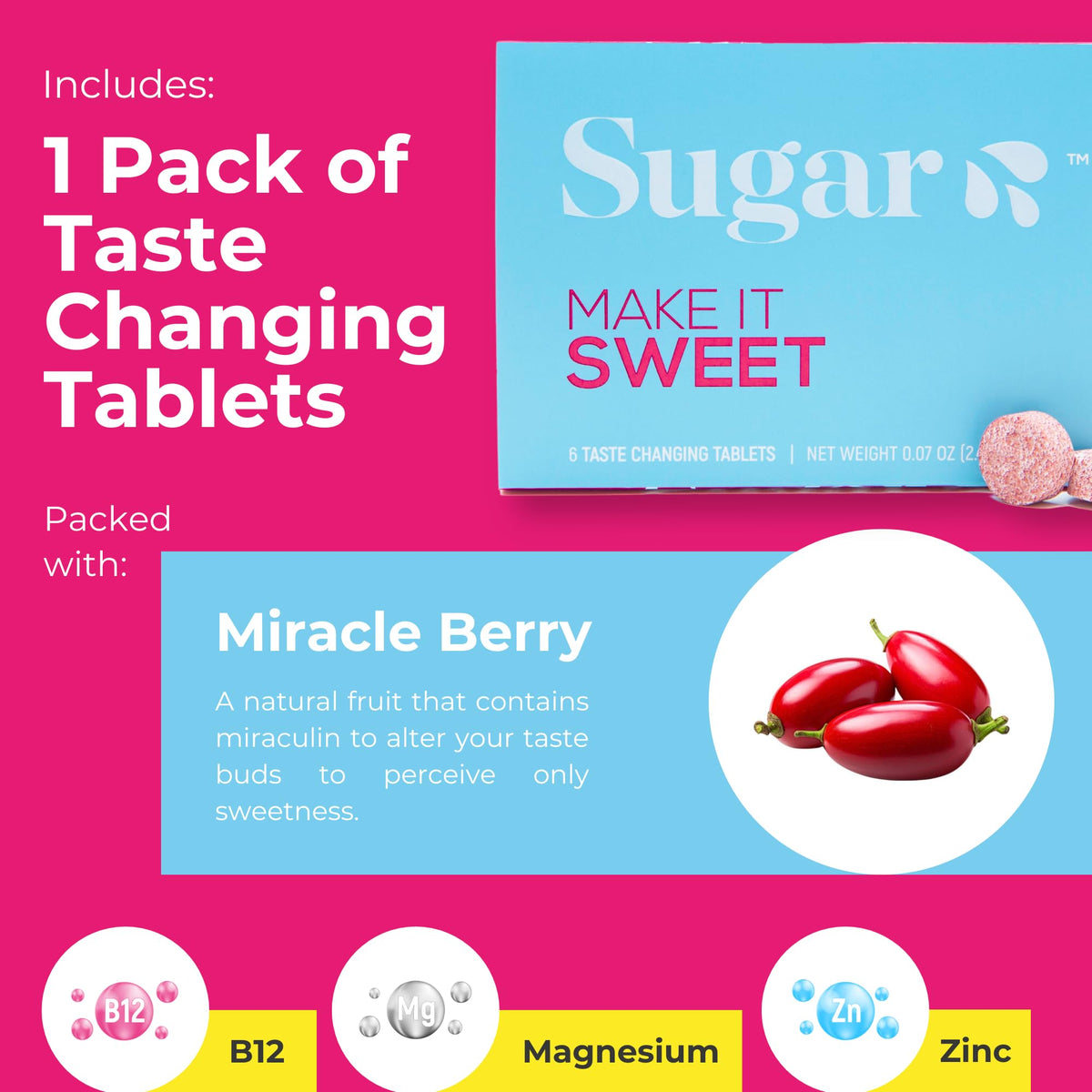 Comprimés de baies miracles SUGAR SPLASH sur une table