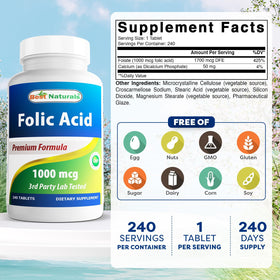 Comprimés de Best Naturals Acide Folique 1000 mcg sur une table