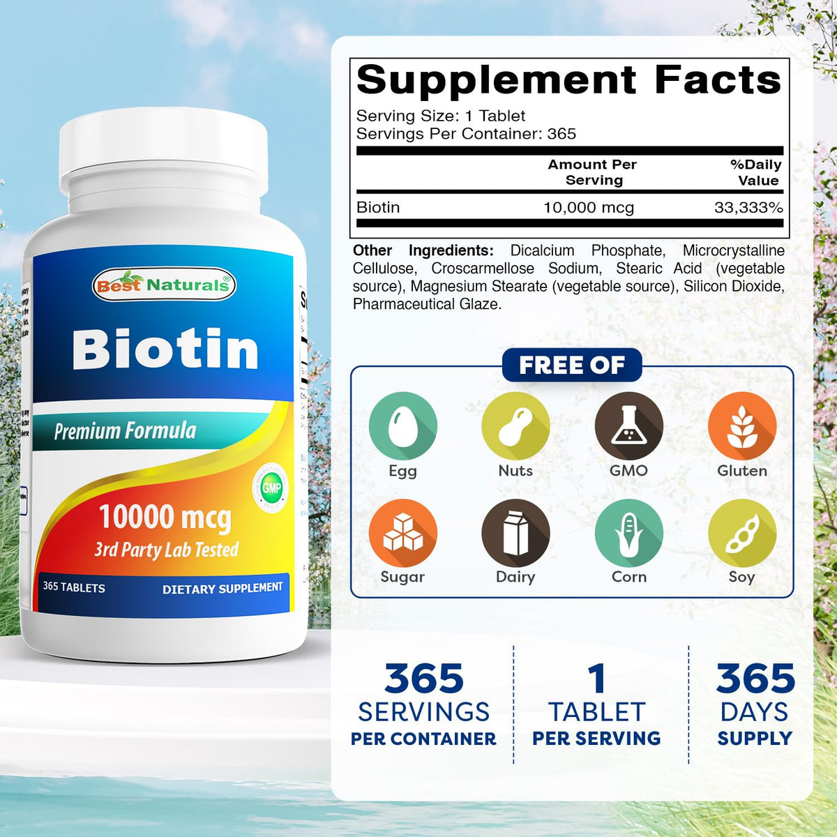 Comprimés de Biotine Best Naturals 10 000 mcg sur une surface blanche