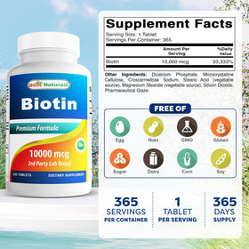 Comprimés de Biotine Best Naturals 10 000 mcg sur une surface blanche