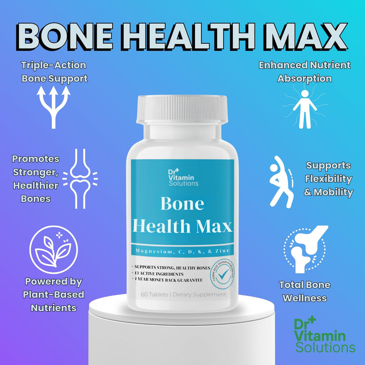 Comprimés de Bone Health Max DR VITAMIN SOLUTIONS sur une surface blanche