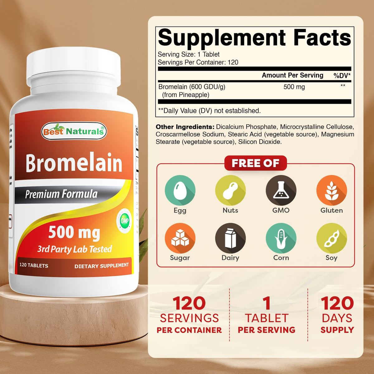 Comprimés de bromélaïne Best Naturals sur fond blanc