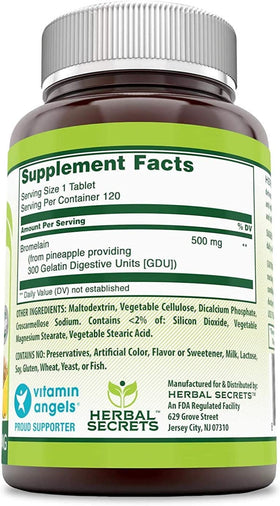 Comprimés de Bromélaïne Herbal Secrets, 500 mg, sur fond neutre