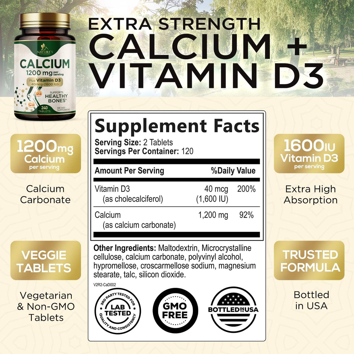 Comprimés de Calcium 1200 mg avec Vitamine D3 - Nature's Nutrition, vue de près