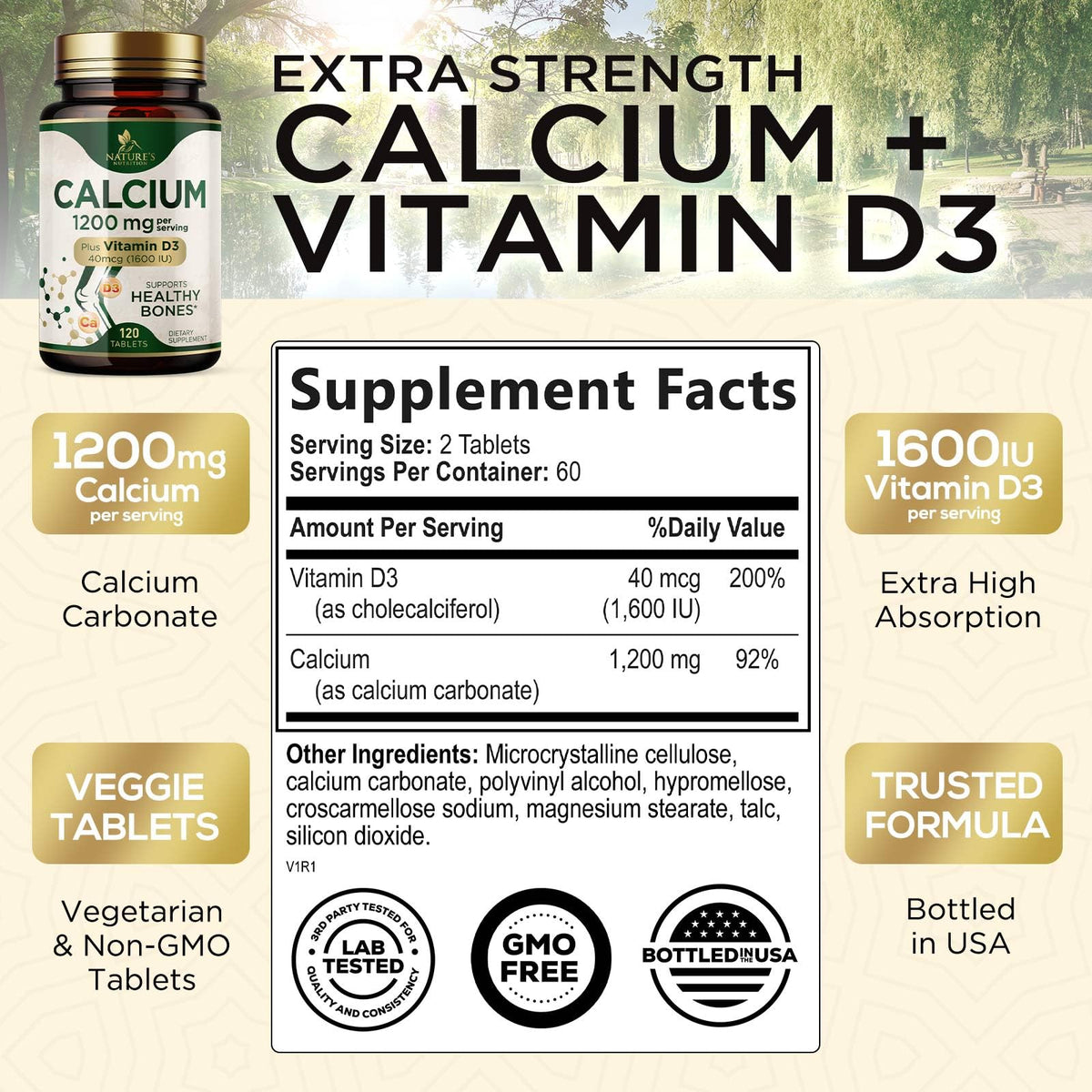 Comprimés de Calcium 1200 mg avec Vitamine D3, vue de près