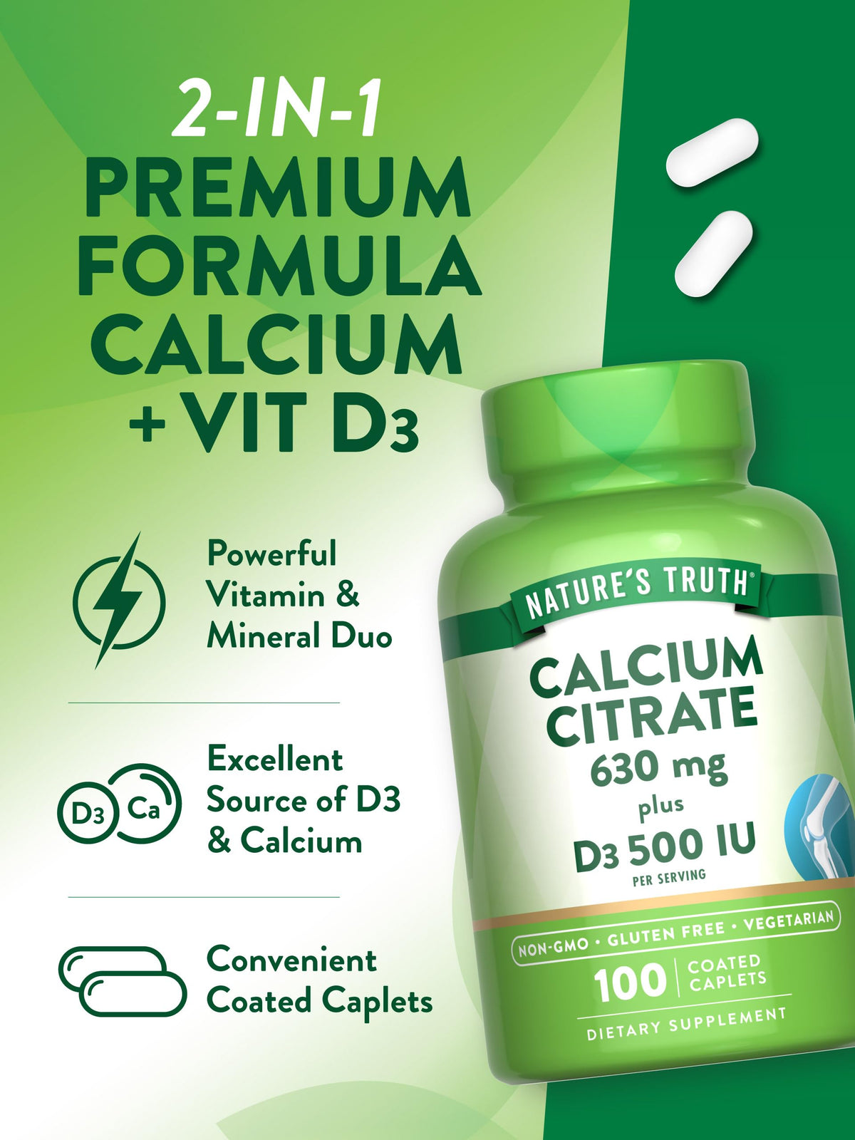 Comprimés de Calcium Citrate Nature's Truth dans une main, démontrant leur taille