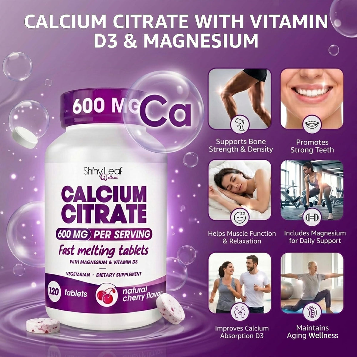 Comprimés de Calcium Citrate Shiny Leaf sur une table
