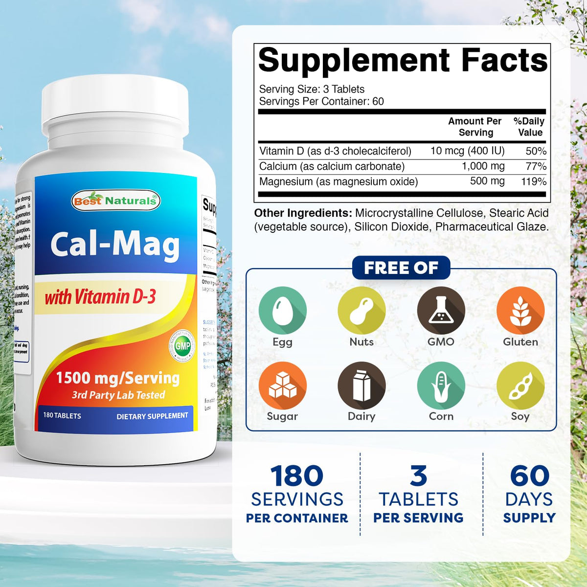 Comprimés de calcium magnésium Best Naturals sur fond blanc