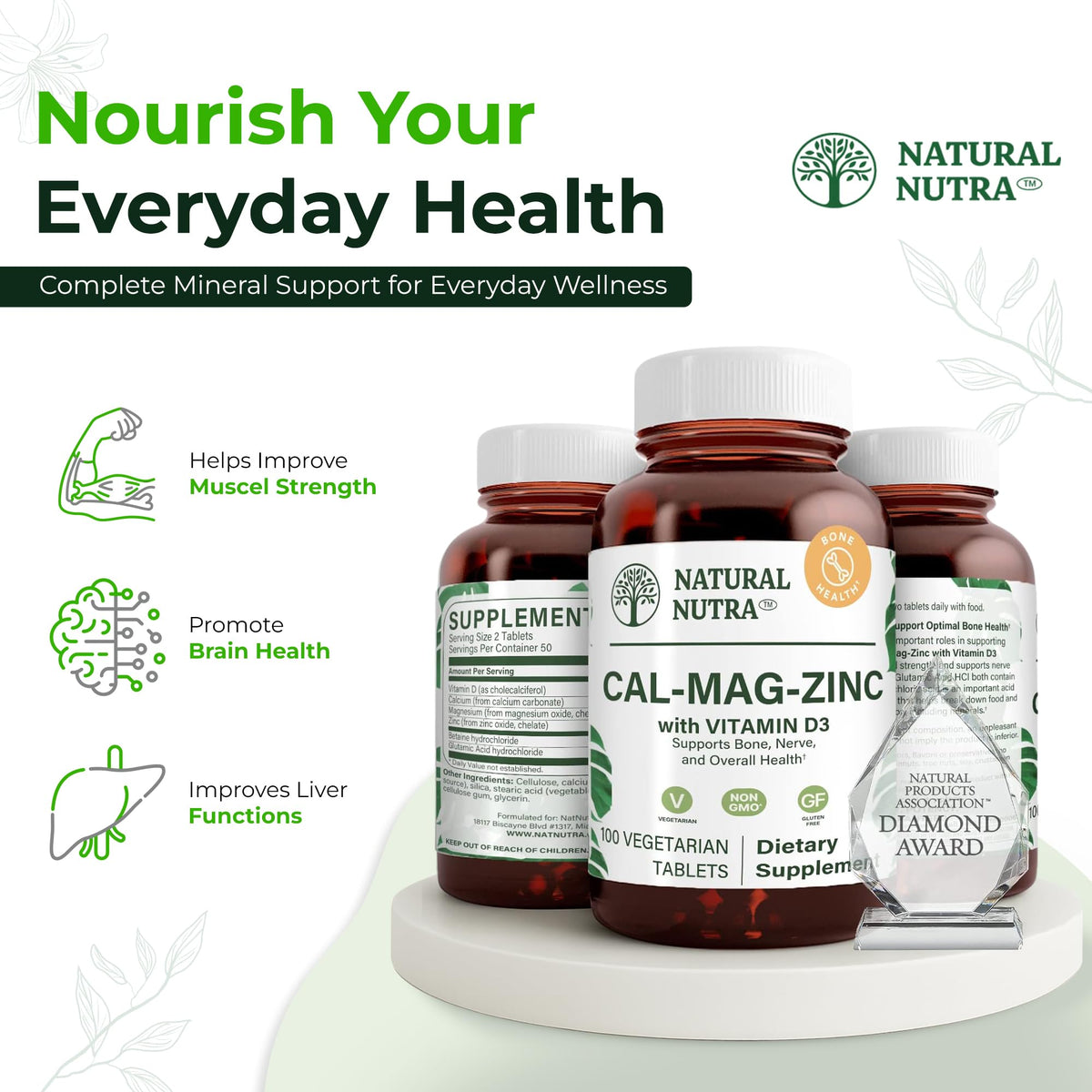 Comprimés de Calcium Magnésium Zinc Natural Nutra sur une table