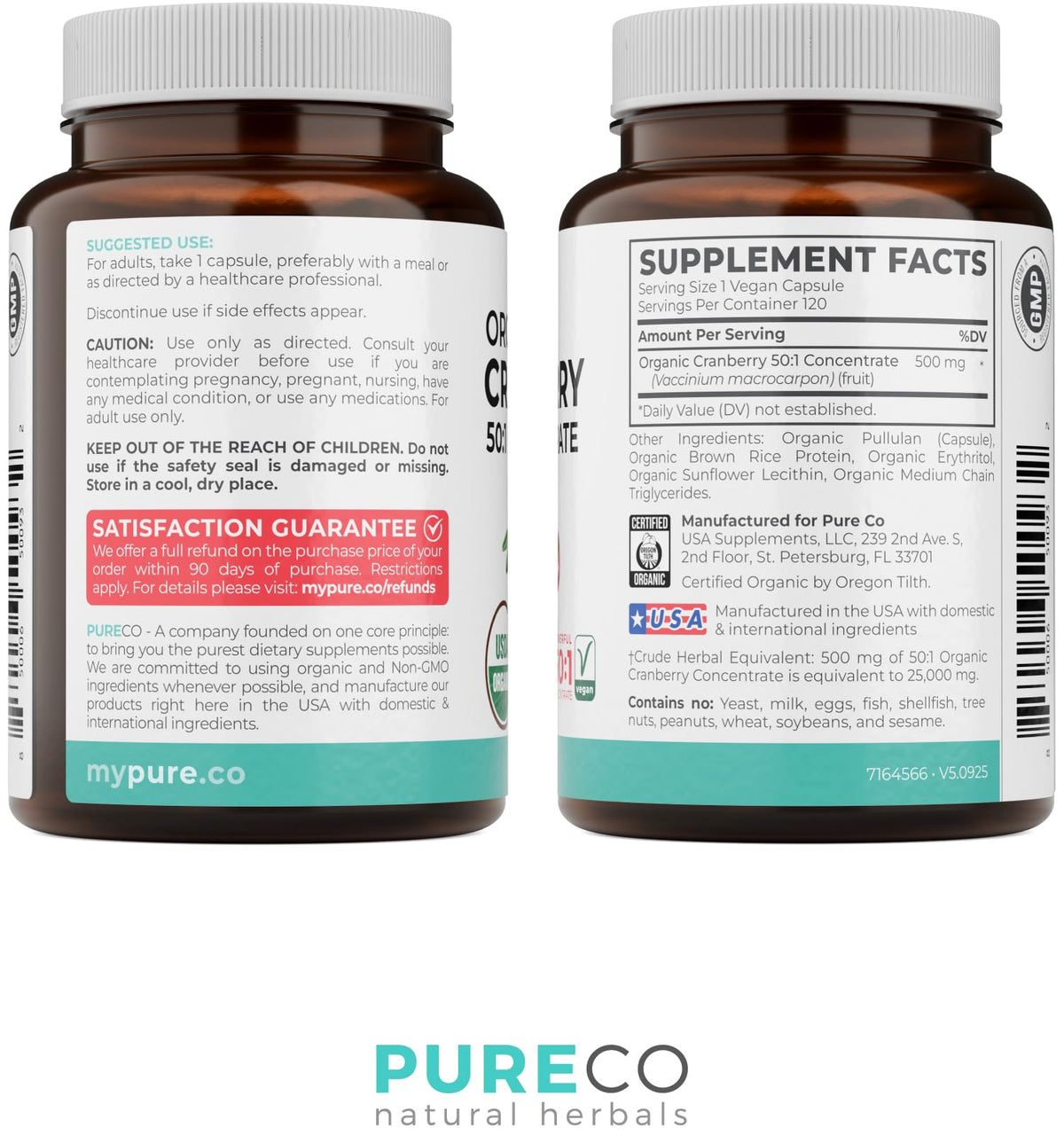 Comprimés de canneberge bio PURE CO avec des baies de canneberge fraîches