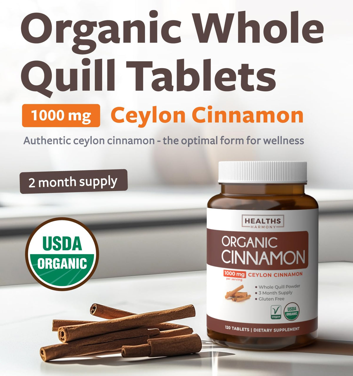 Comprimés de cannelle de Ceylan Healths Harmony sur fond blanc