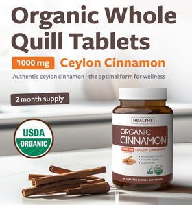 Comprimés de cannelle de Ceylan Healths Harmony sur fond blanc