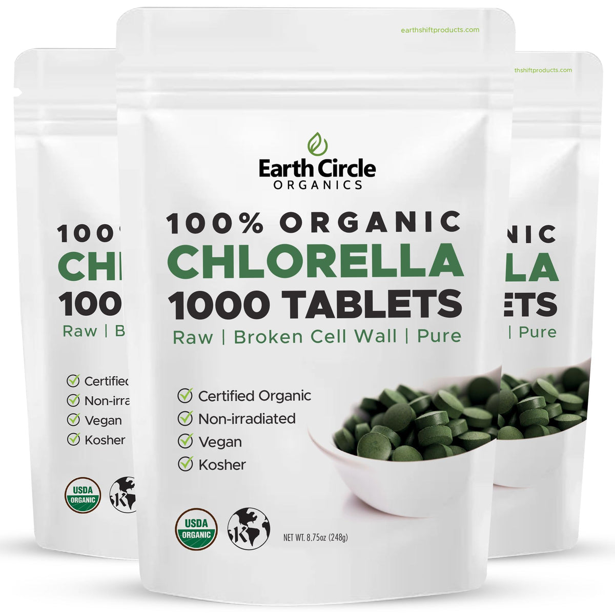 Comprimés de chlorella bio Earth Circle Organics, vue de face