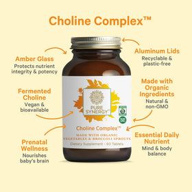 Comprimés de choline PURE SYNERGY sur fond blanc