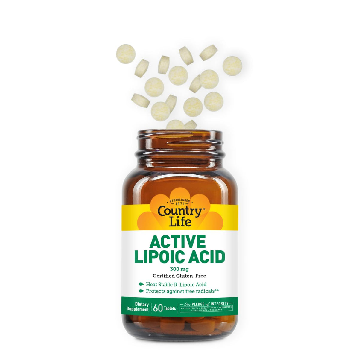 Comprimés de Country Life Acide Lipoïque Actif sur fond blanc