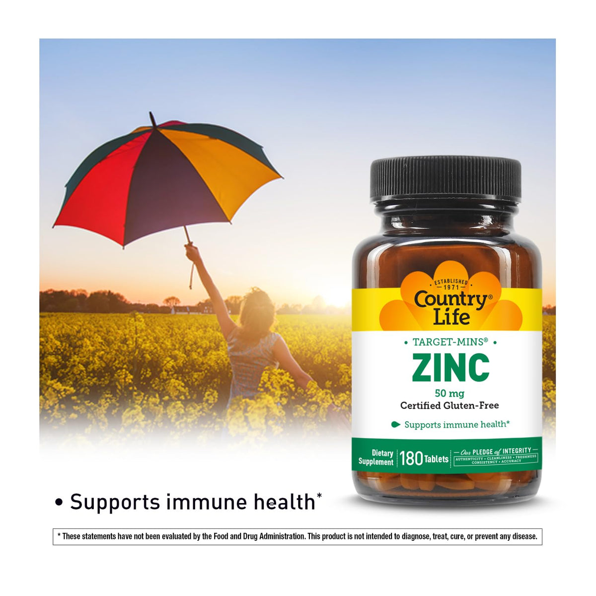 Comprimés de Country Life Target-Mins Zinc 50 mg sur une surface blanche