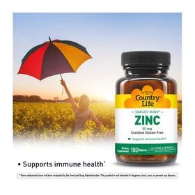 Comprimés de Country Life Target-Mins Zinc 50 mg sur une surface blanche