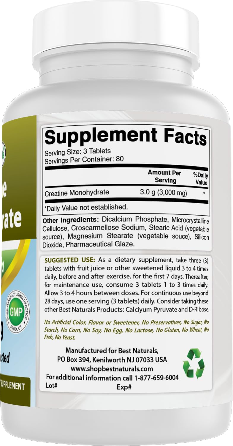 Comprimés de créatine monohydrate Best Naturals avec un verre d'eau