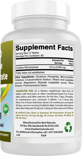 Comprimés de créatine monohydrate Best Naturals avec un verre d'eau