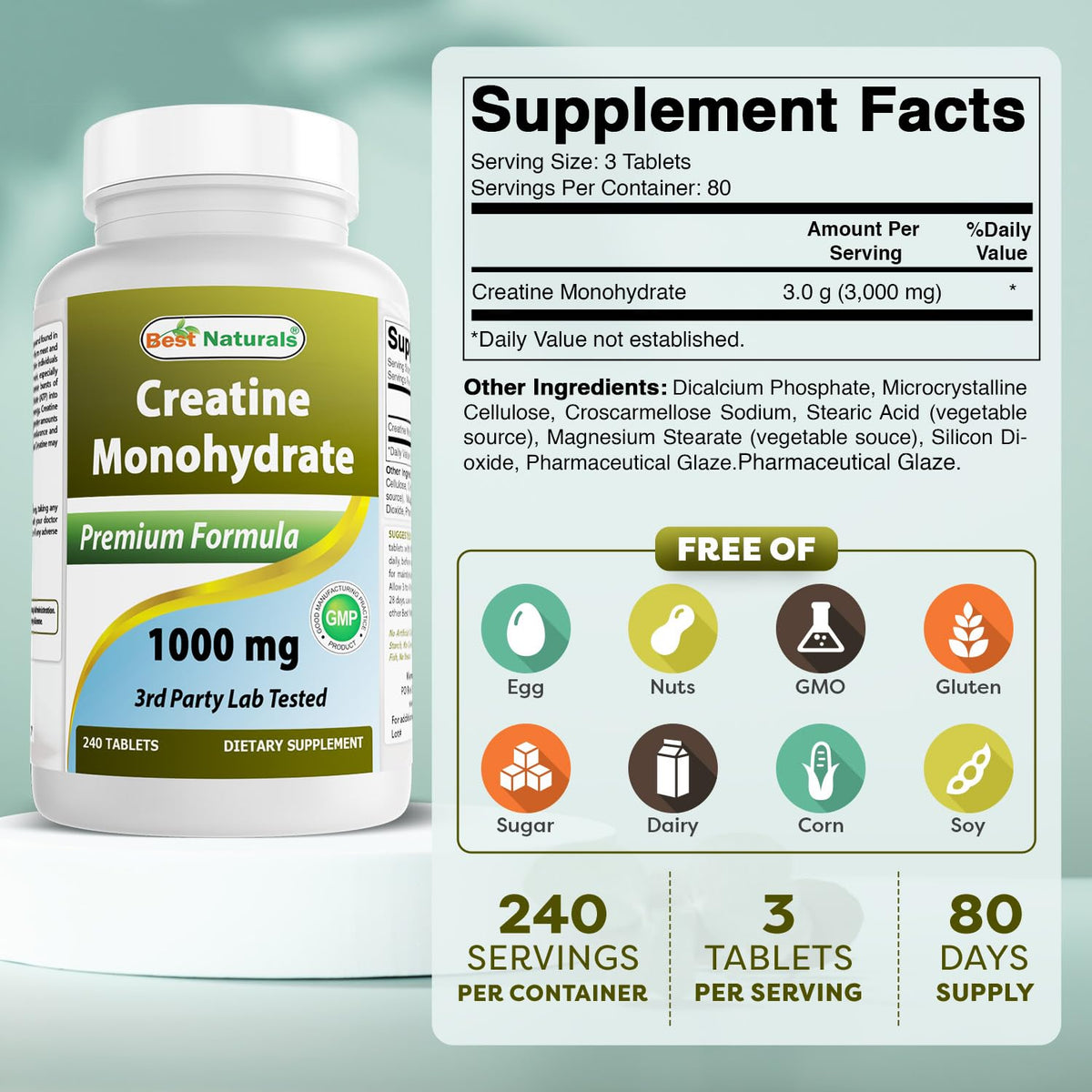 Comprimés de créatine monohydrate Best Naturals sur une surface blanche