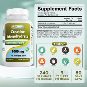 Comprimés de créatine monohydrate Best Naturals sur une surface blanche