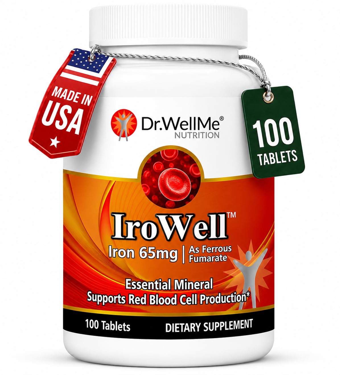 Comprimés de fer DR WELLME NUTRITION 65mg en boîte de 100 unités