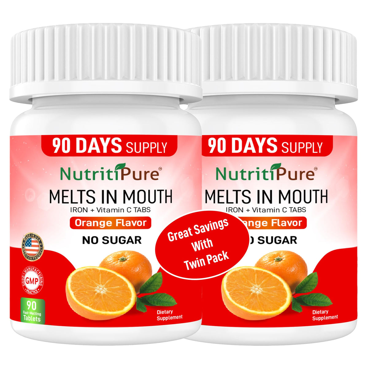 Comprimés de fer NutritiPure 18 mg saveur orange, emballage avant