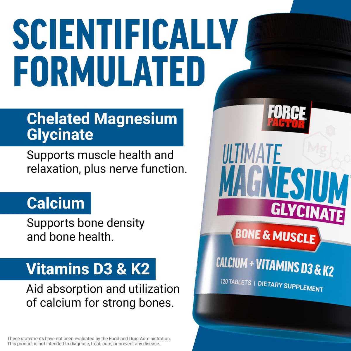Comprimés de Force Factor Magnésium Glycinate 300mg sur fond blanc