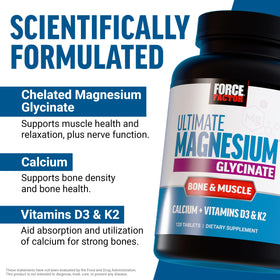 Comprimés de Force Factor Magnésium Glycinate 300mg sur fond blanc