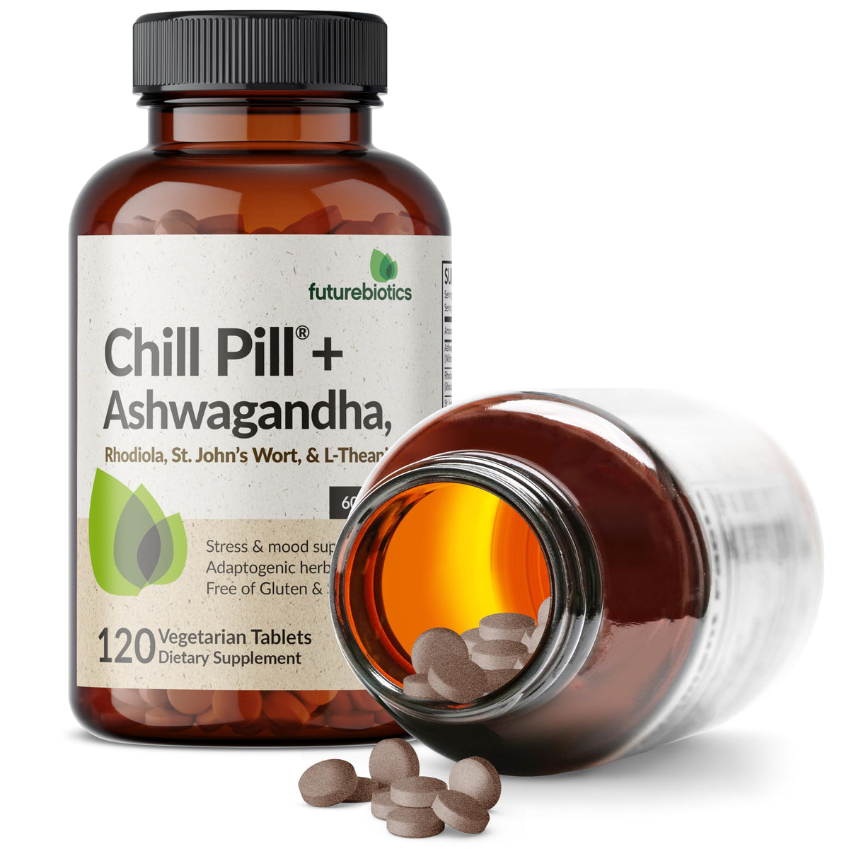 Comprimés de Futurebiotics Chill Pill + Ashwagandha sur fond blanc