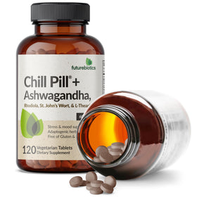 Comprimés de Futurebiotics Chill Pill + Ashwagandha sur fond blanc