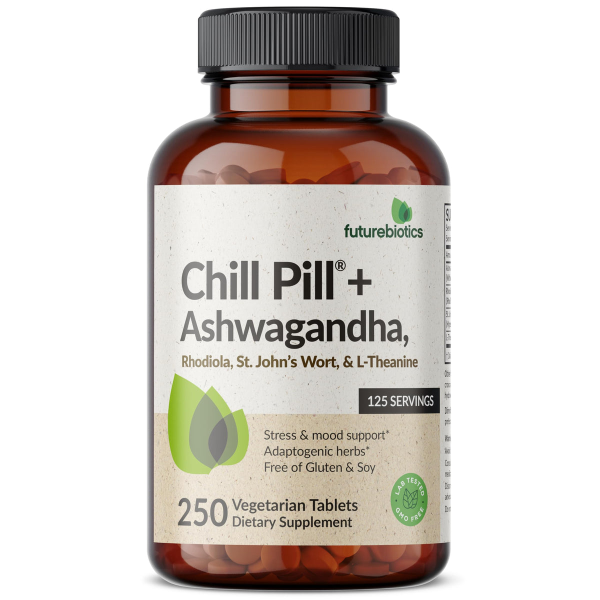Comprimés de Futurebiotics Chill Pill + sur fond blanc