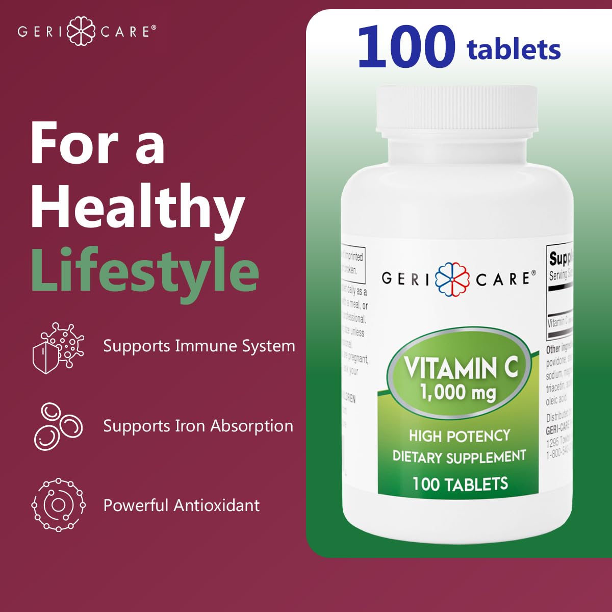 Comprimés de GeriCare Vitamine C 1000 mg sur une surface blanche
