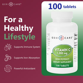 Comprimés de GeriCare Vitamine C 1000 mg sur une surface blanche