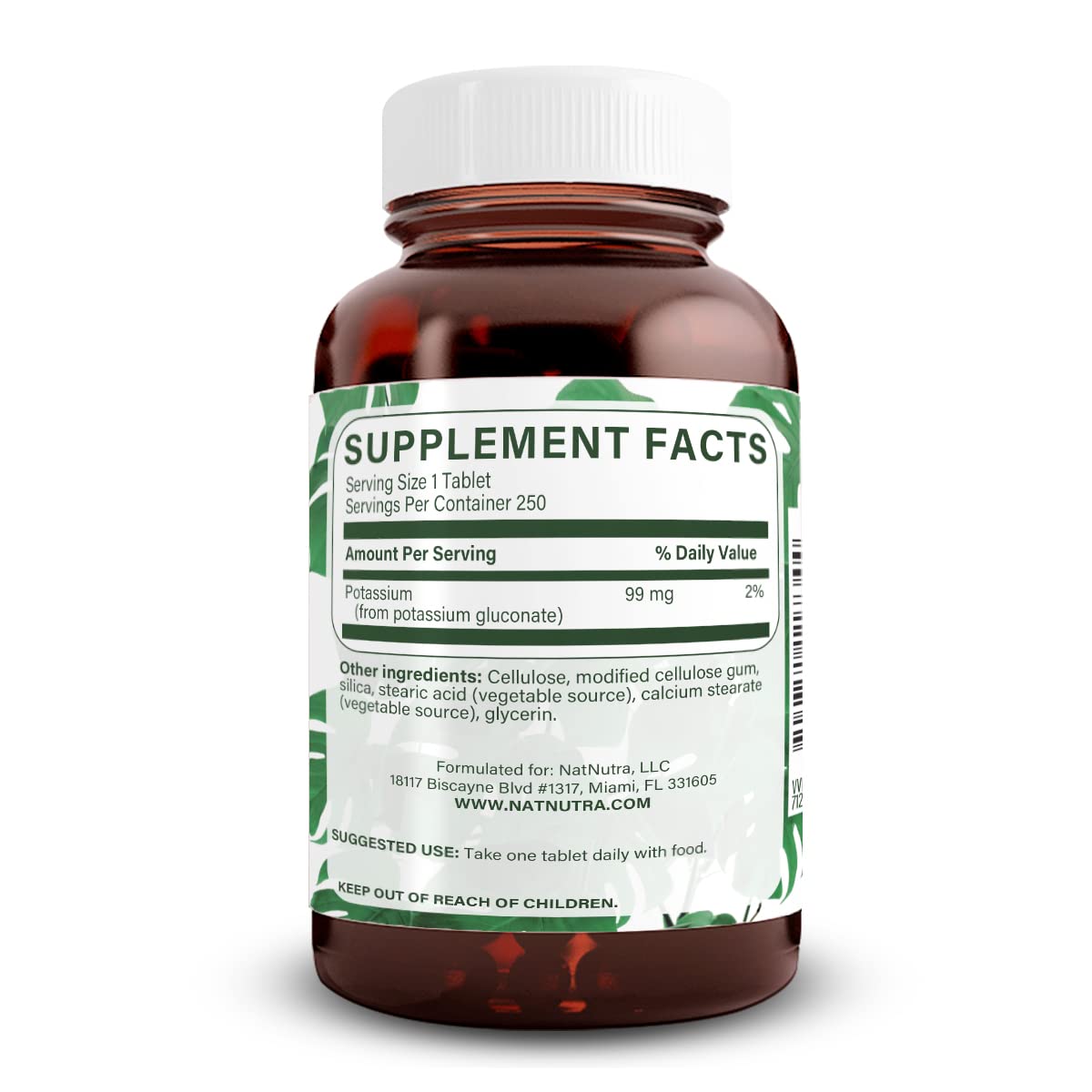 Comprimés de gluconate de potassium 99 mg Natural Nutra sur fond blanc