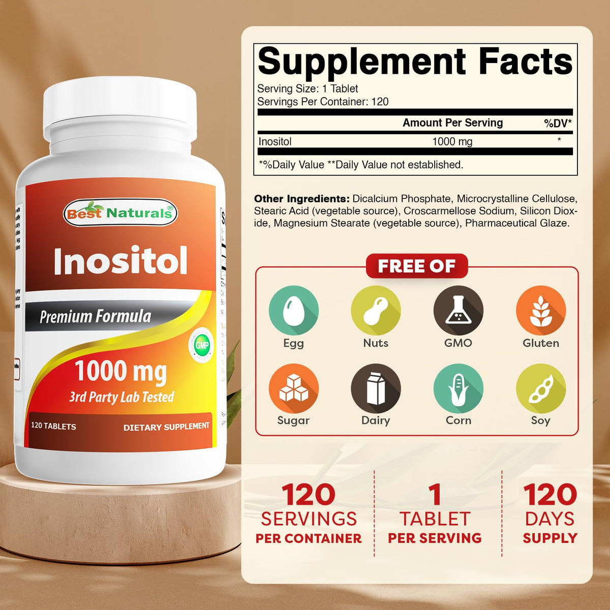 Comprimés de Inositol 1000 mg de Best Naturals sur une surface blanche
