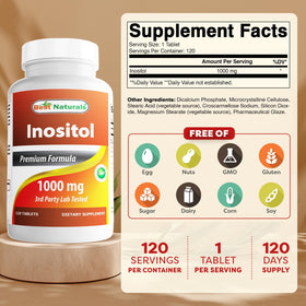 Comprimés de Inositol 1000 mg de Best Naturals sur une surface blanche