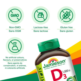 Comprimés de Jamieson Vitamine D3 1 000 UI sur une surface blanche
