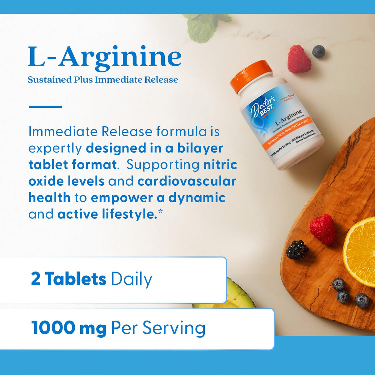 Comprimés de L-Arginine Doctor's BEST avec étiquette décrivant les bienfaits